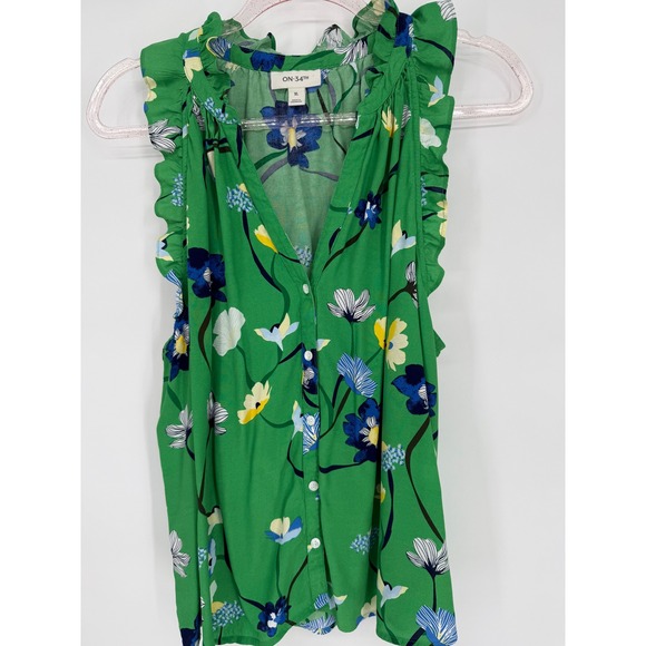 ON 34th Sleeveless Green Floral Ruffle Top Button Down Blouse - Women's Sz XL - Picture 1 of 13
